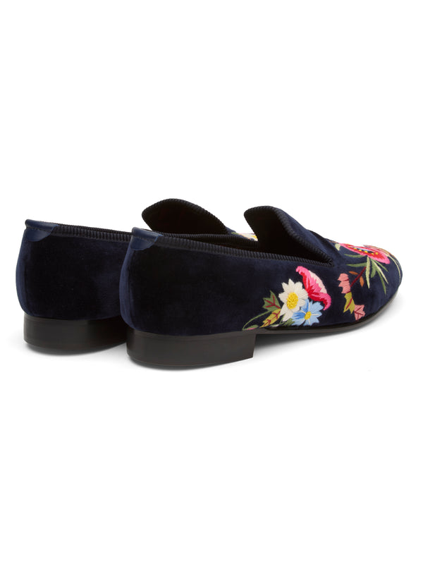 Favourbrook Navy Embroidered Velvet Cotton & Leather Slippers