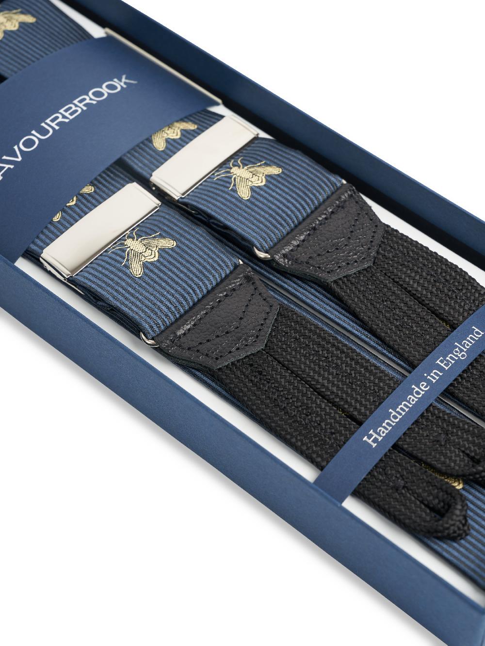 Favourbrook Navy Gold Bees Black Leather Silk Braces
