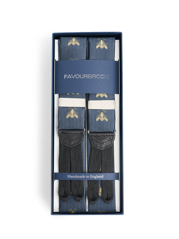favourbrook Navy Gold Bees Black Leather Silk Braces
