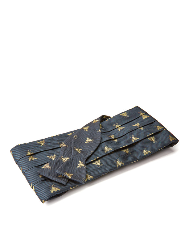 favourbrook Navy Gold Bees Silk Pleated Cummerbund & Bow Tie Set