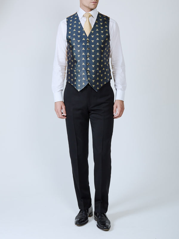 Favourbrook Navy Gold Bees Silk Single Breasted Waistcoat