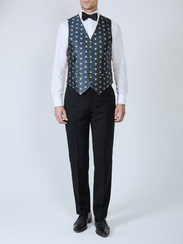 Favourbrook Navy Gold Bees Silk Single Breasted Waistcoat
