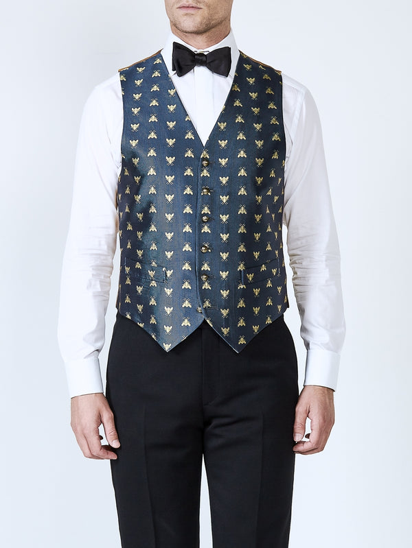 Favourbrook Navy Gold Bees Silk Single Breasted Waistcoat
