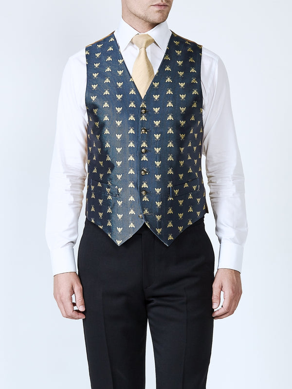 favourbrook Navy Gold Bees Silk Single Breasted Waistcoat
