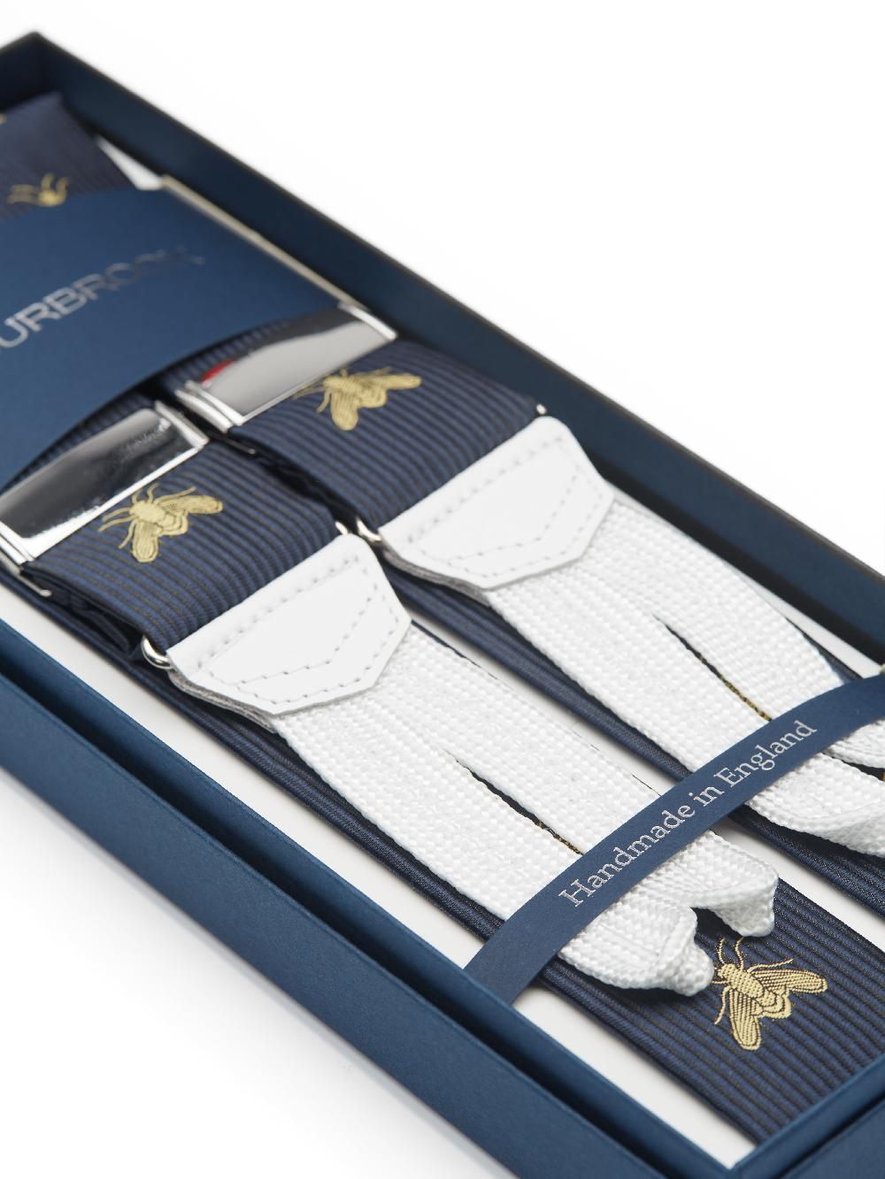 Favourbrook Navy Gold Bees White Leather Silk Braces