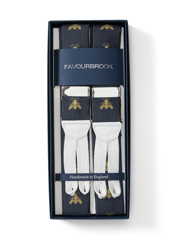 favourbrook Navy Gold Bees White Leather Silk Braces