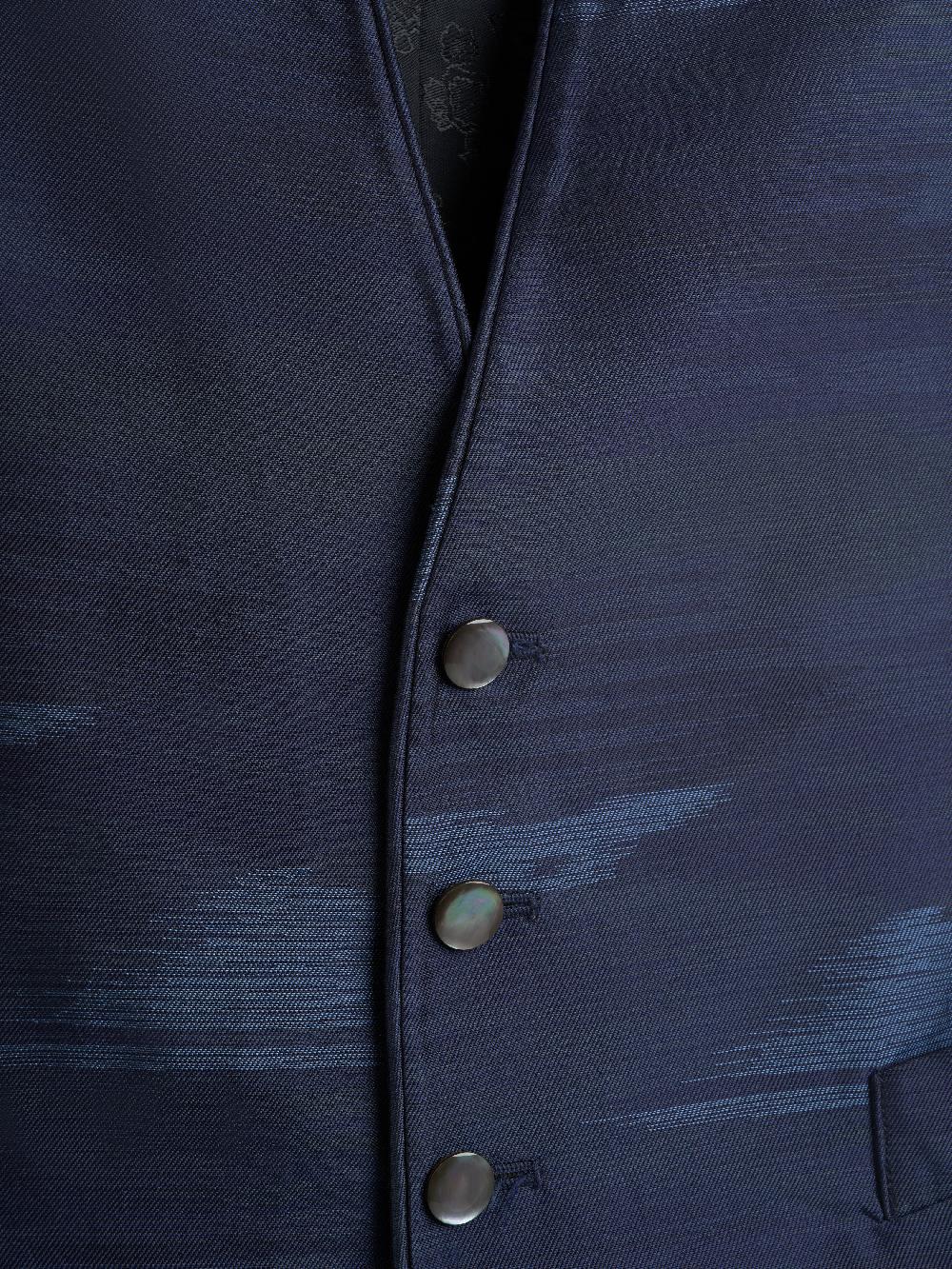Favourbrook Navy Ikat Silk Single Breasted Waistcoat With Piping