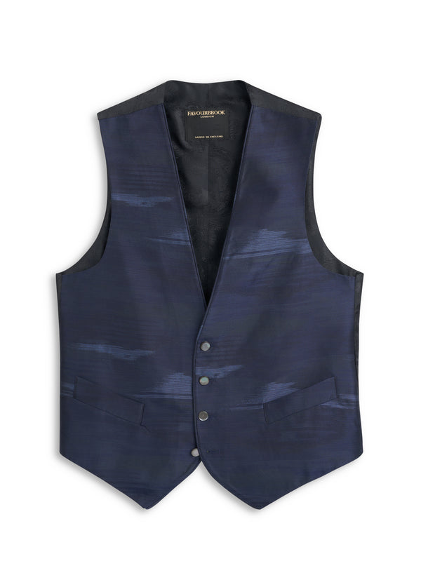 favourbrook Navy Ikat Silk Single Breasted Waistcoat with Piping