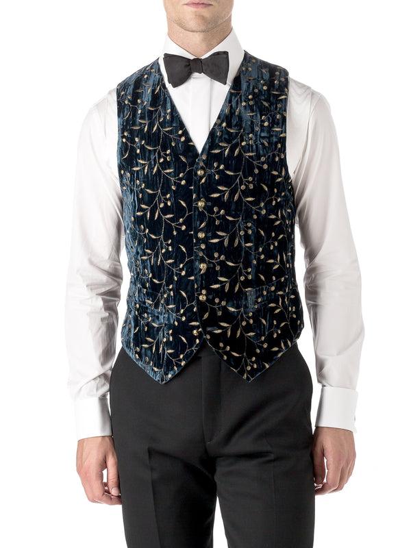 favourbrook Navy Lurex Berries Velvet Single Breasted Waistcoat