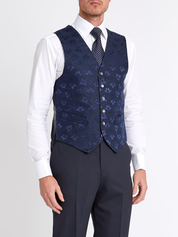 Favourbrook Navy Sweet Pea Linen Single Breasted Waistcoat