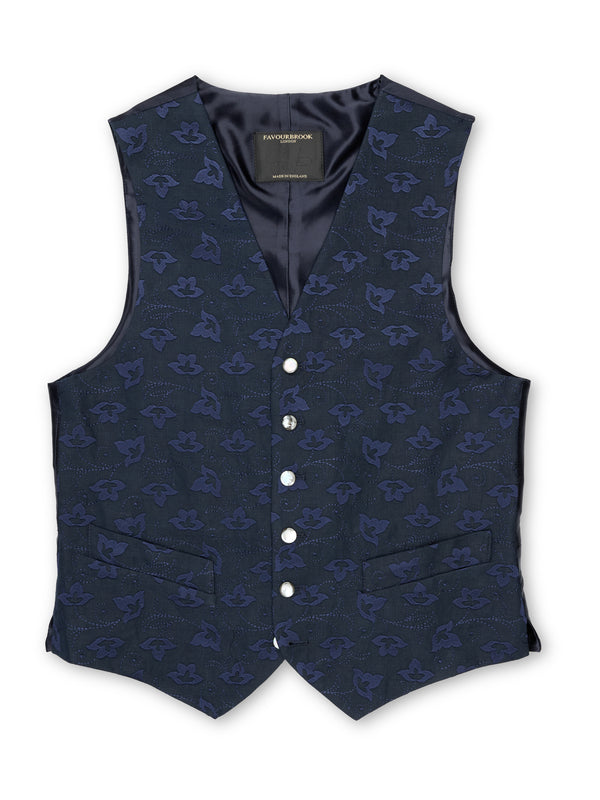Favourbrook Navy Sweet Pea Linen Single Breasted Waistcoat