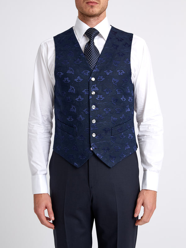 favourbrook Navy Sweet Pea Linen Single Breasted Waistcoat