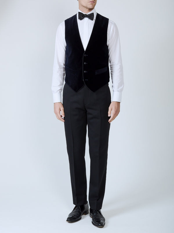 Favourbrook Navy Velvet Cotton Single Breasted 4 Button Waistcoat With Piping