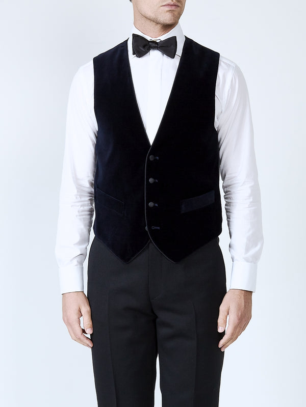 favourbrook Navy Velvet Cotton Single Breasted 4 Button Waistcoat with Piping