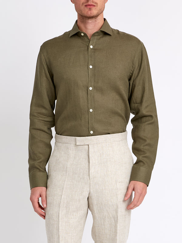 Favourbrook Olive Bridford Linen Cutaway Collar Shirt