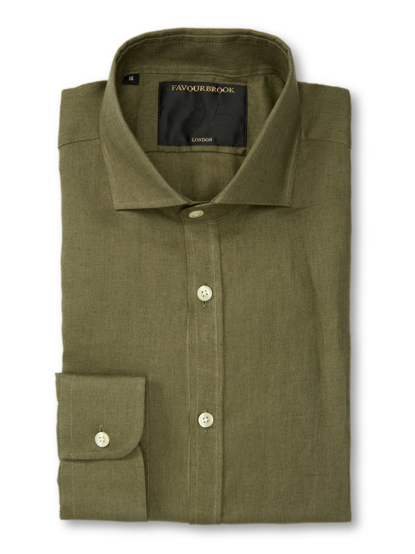favourbrook Olive Bridford Linen Cutaway Collar Shirt