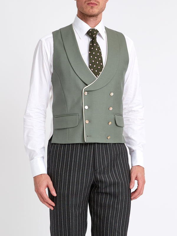 Favourbrook Olive Gabardine Wool Double Breasted Waistcoat With Piping