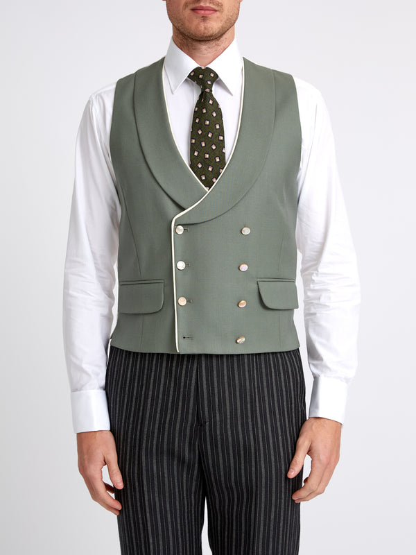 favourbrook Olive Gabardine Wool Double Breasted Waistcoat with Piping