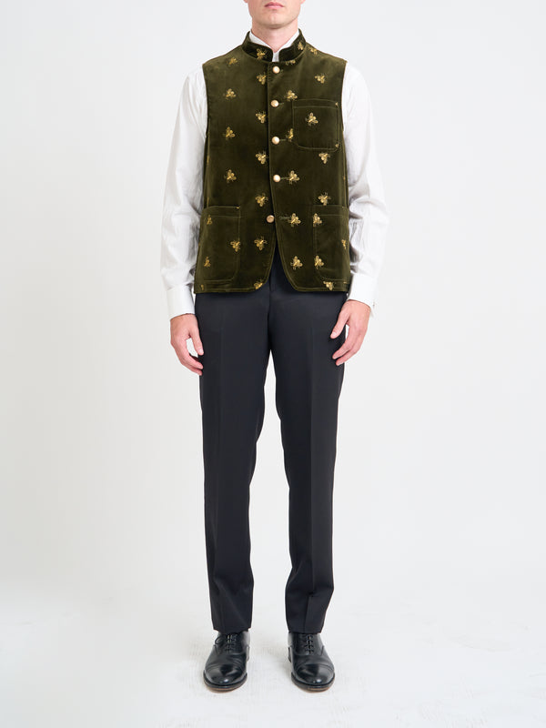 Favourbrook Olive Gold Bees Velvet Cotton Wiltshire Gilet