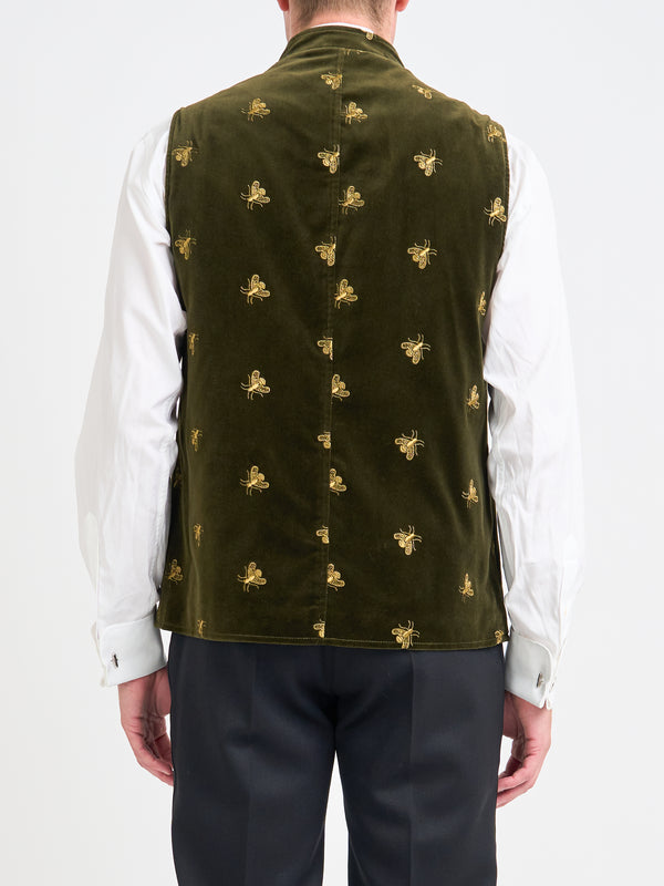 Favourbrook Olive Gold Bees Velvet Cotton Wiltshire Gilet