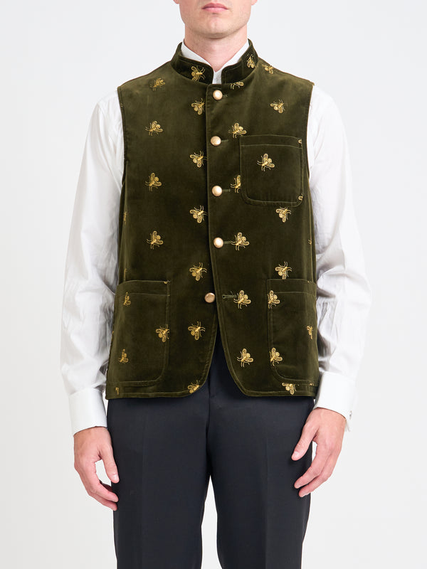 favourbrook Olive Gold Bees Velvet Cotton Wiltshire Gilet