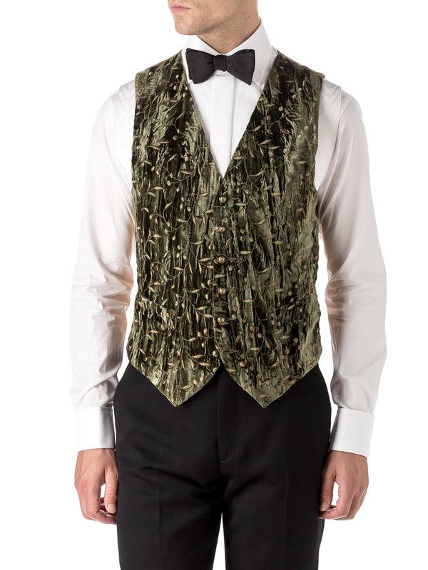 favourbrook Olive Lurex Berries Velvet Single Breasted Waistcoat