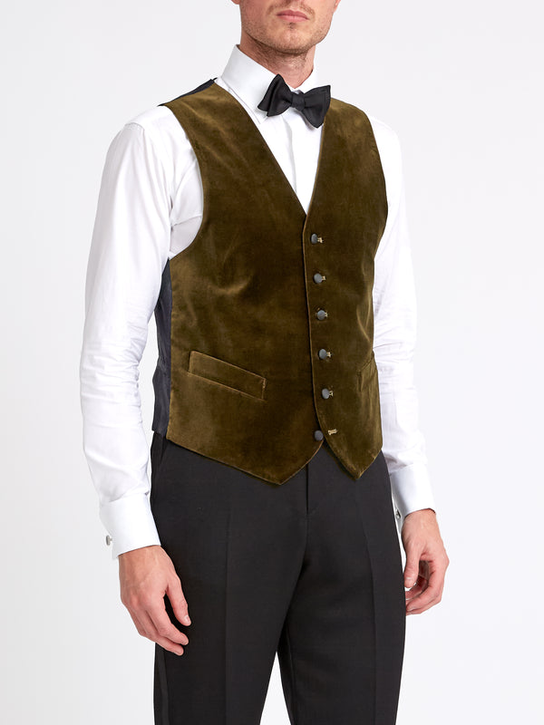 Favourbrook Olive Velvet Cotton Single Breasted Waistcoat With Piping
