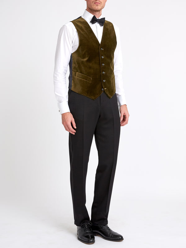 Favourbrook Olive Velvet Cotton Single Breasted Waistcoat With Piping