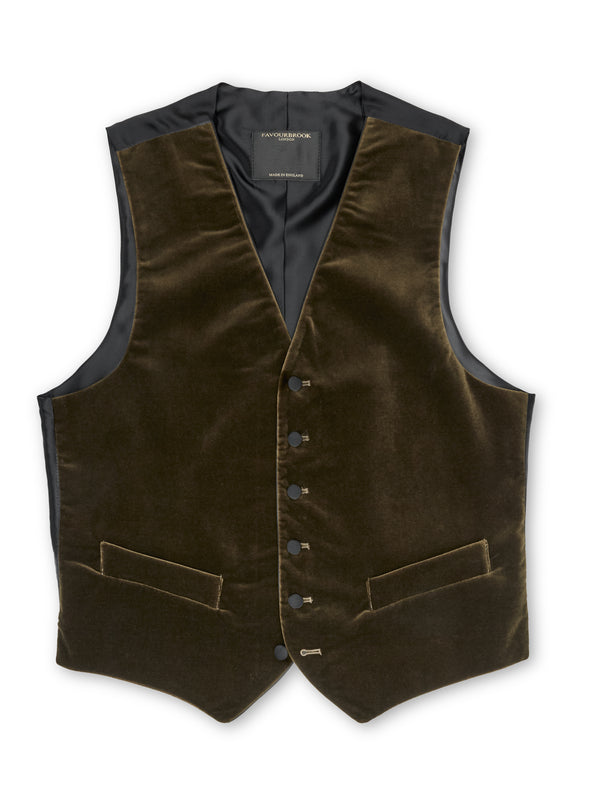 Favourbrook Olive Velvet Cotton Single Breasted Waistcoat With Piping