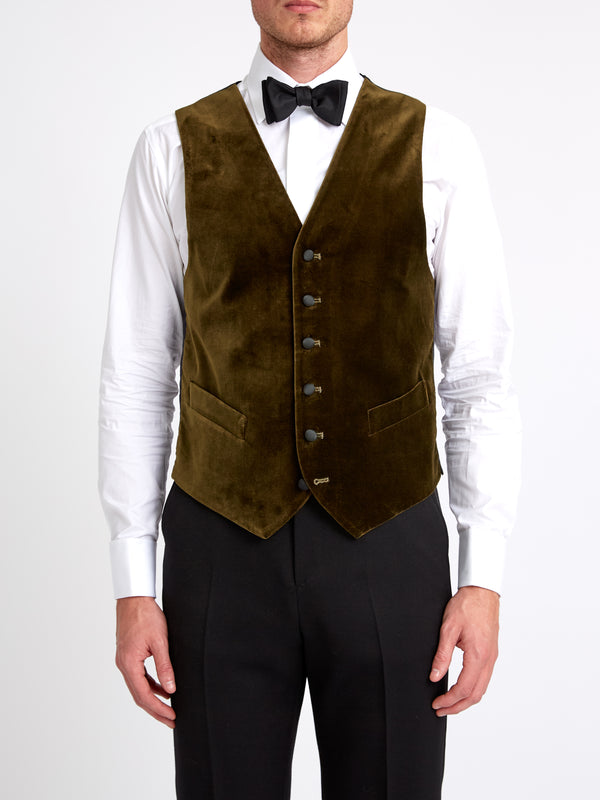 favourbrook Olive Velvet Cotton Single Breasted Waistcoat with Piping