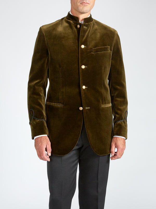 Favourbrook Olive Velvet Nehru Jacket With Frogging On Sleeve