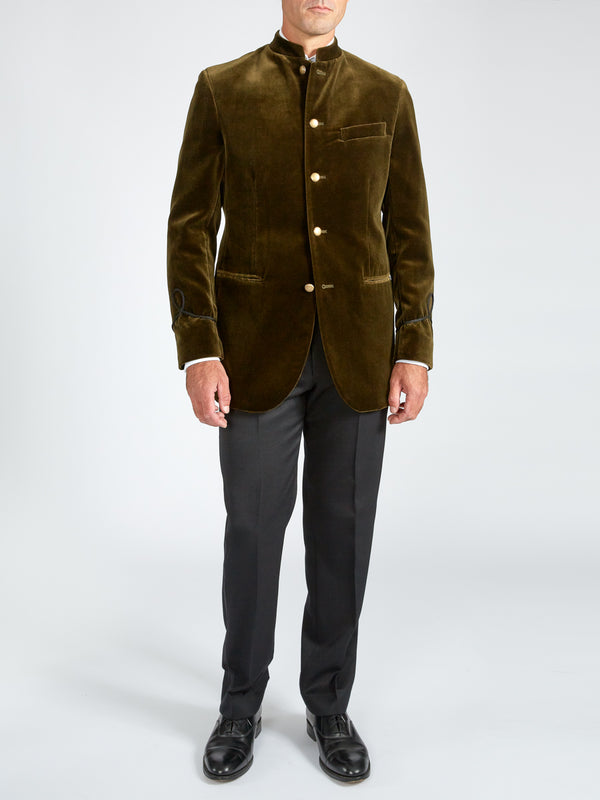 favourbrook Olive Velvet Nehru Jacket with Frogging on Sleeve
