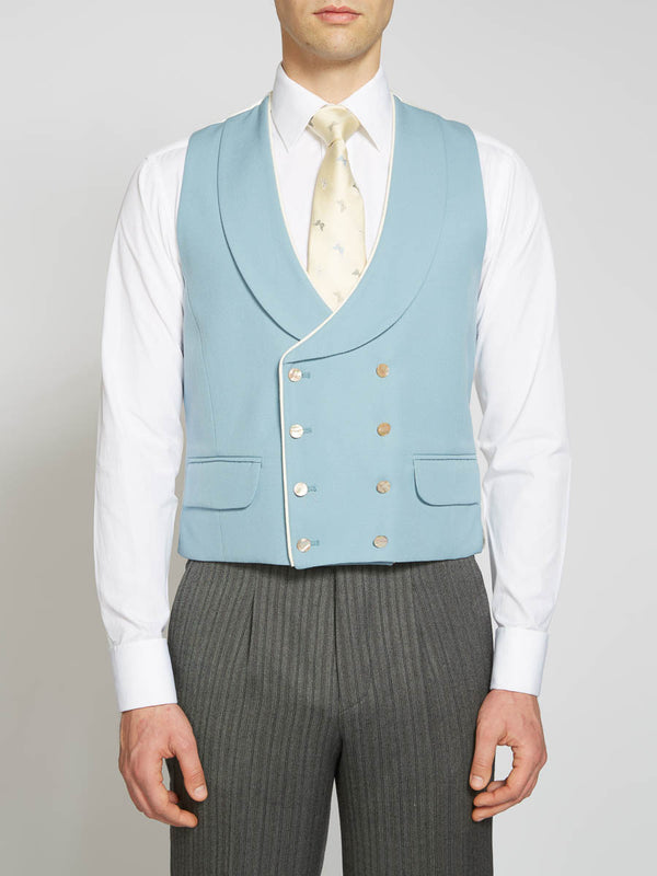 favourbrook Pale Blue Gabardine Wool Double Breasted Waistcoat with Piping