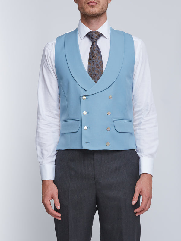 favourbrook Pale Blue Gabardine Wool Double Breasted Waistcoat