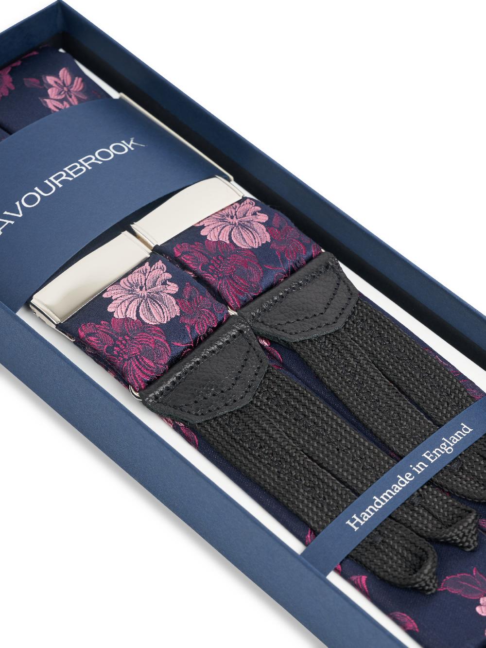 Favourbrook Pink Bourgainville Black Leather Silk Braces
