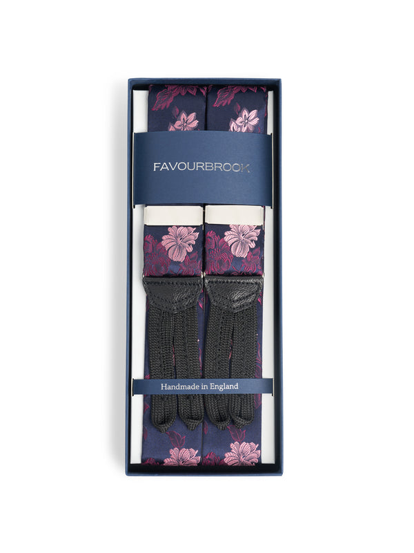 favourbrook Pink Bourgainville Black Leather Silk Braces