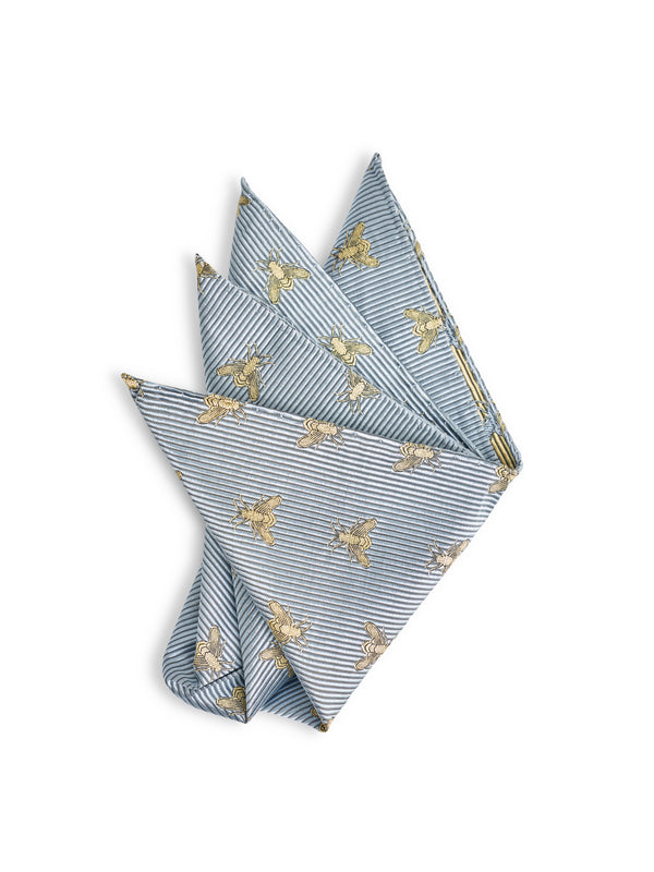 favourbrook Powder Blue Gold Bees Silk Pocket Square