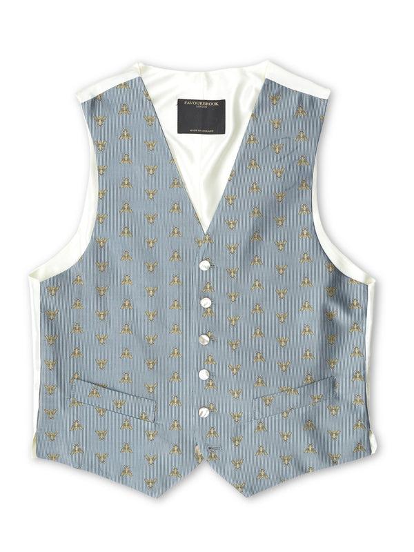 Favourbrook Powder Blue Gold Bees Silk Single Breasted Waistcoat