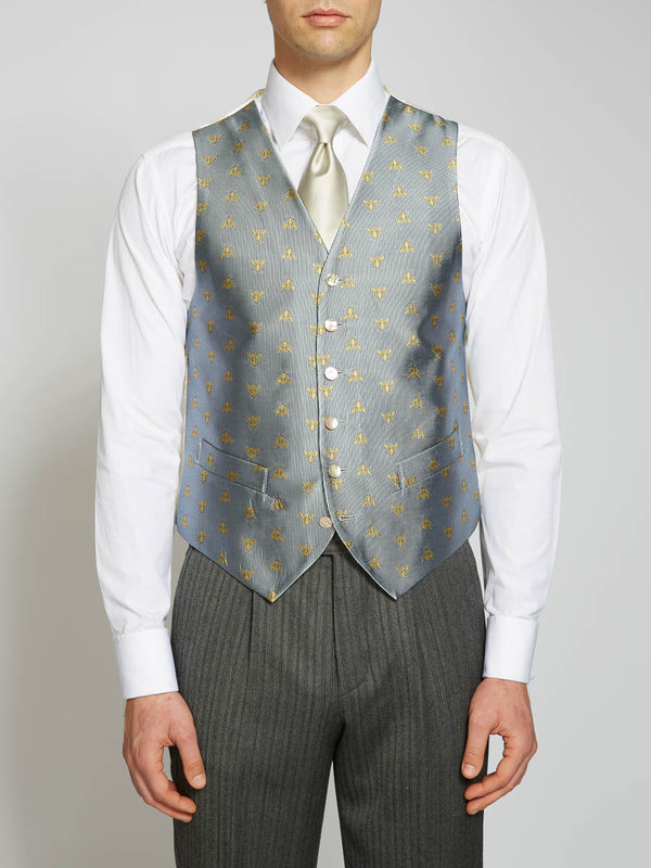 favourbrook Powder Blue Gold Bees Silk Single Breasted Waistcoat