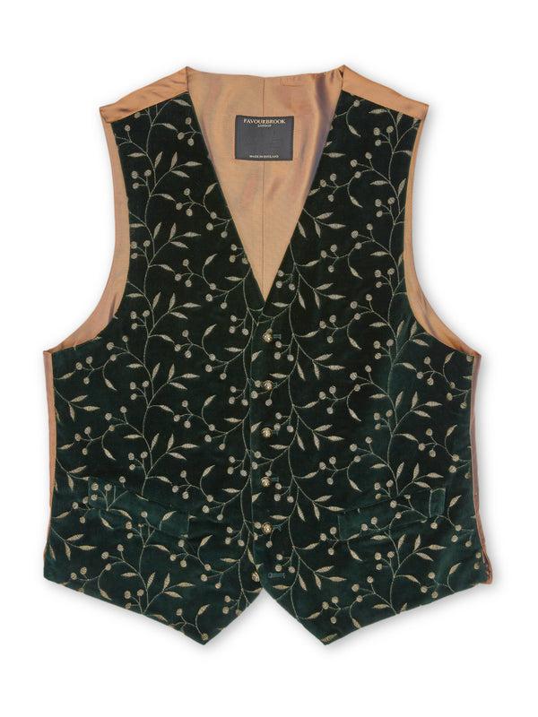 Favourbrook Racing Green Lurex Berries Velvet Cotton Single Breasted Waistcoat
