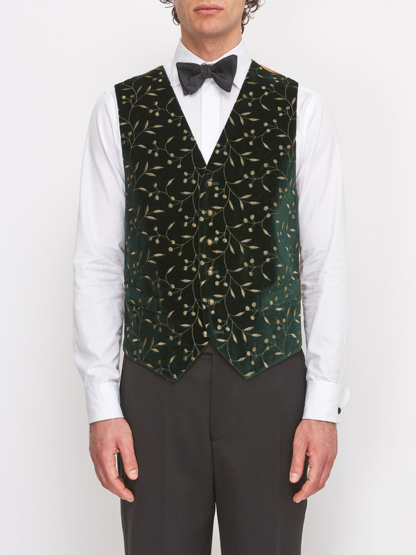 favourbrook Racing Green Lurex Berries Velvet Cotton Single Breasted Waistcoat