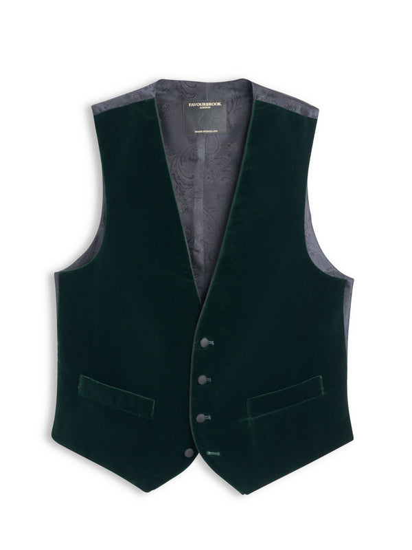 favourbrook Racing Green Velvet Cotton Single Breasted 4 Button Waistcoat with Piping