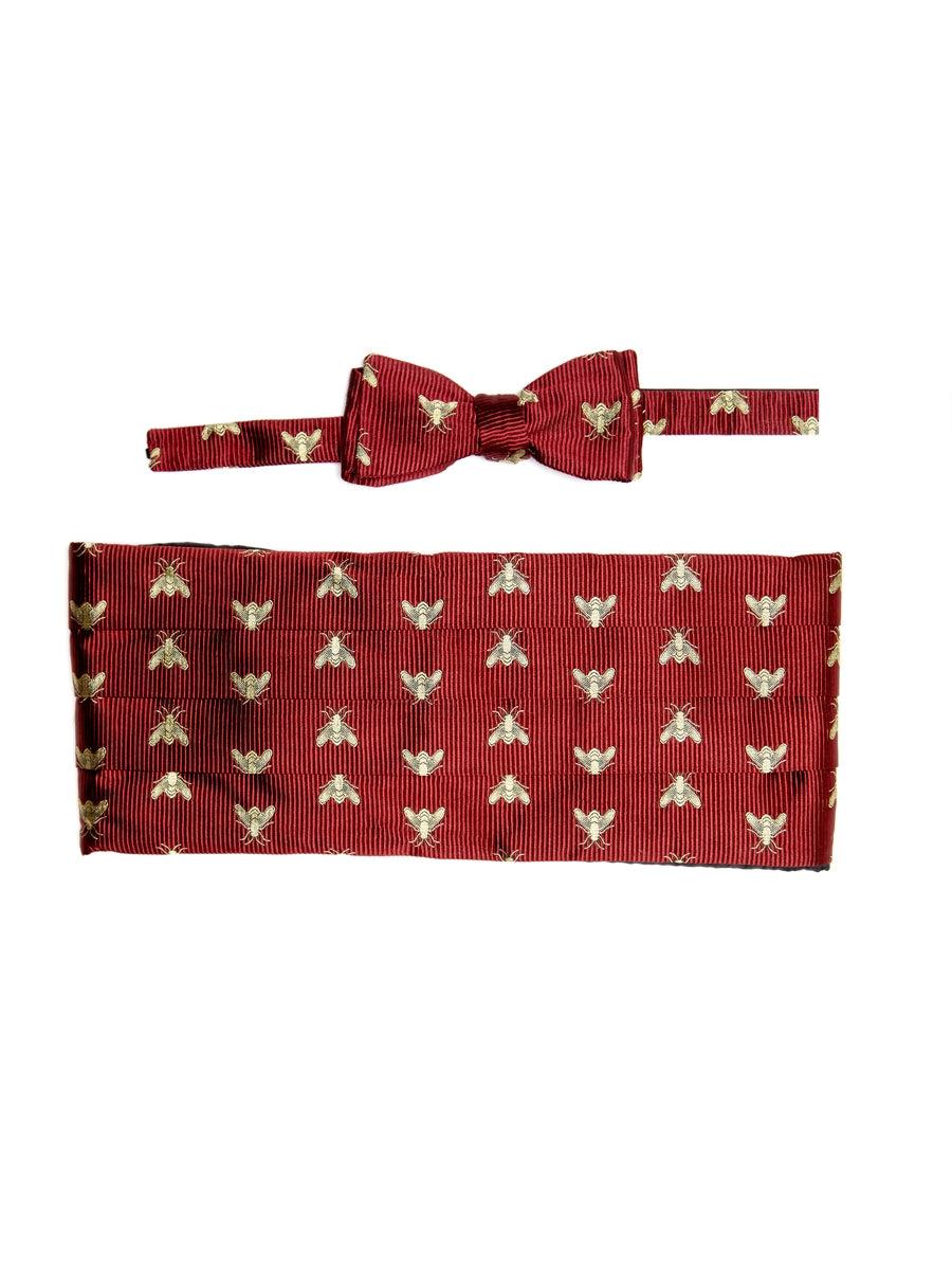 Favourbrook Red Gold Bees Silk Pleated Cummerbund & Bow Tie Set