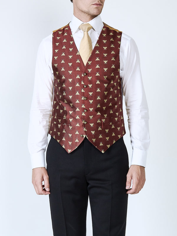 favourbrook Red Gold Bees Silk Single Breasted Waistcoat