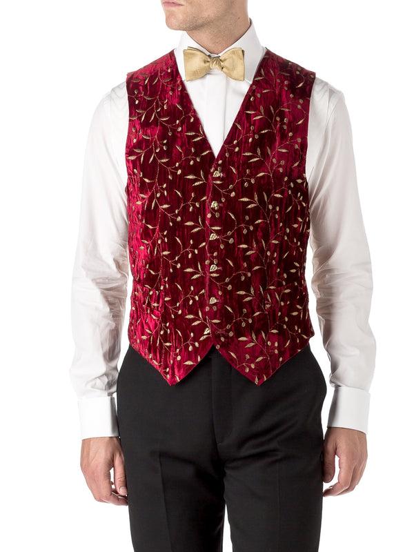 favourbrook Red Lurex Berries Velvet Single Breasted Waistcoat