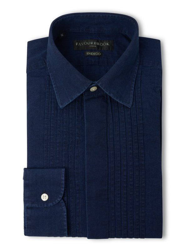 favourbrook Rinse Indigo Rockwell Cotton Pleated Pintuck Dress Shirt