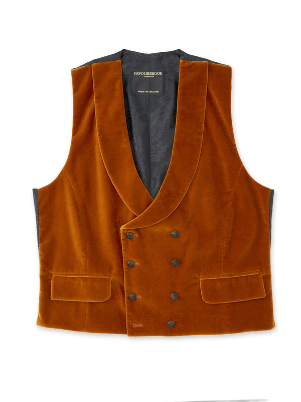 favourbrook Rust Velvet Cotton Double Breasted 8 Button Shawl Lapel Waistcoat