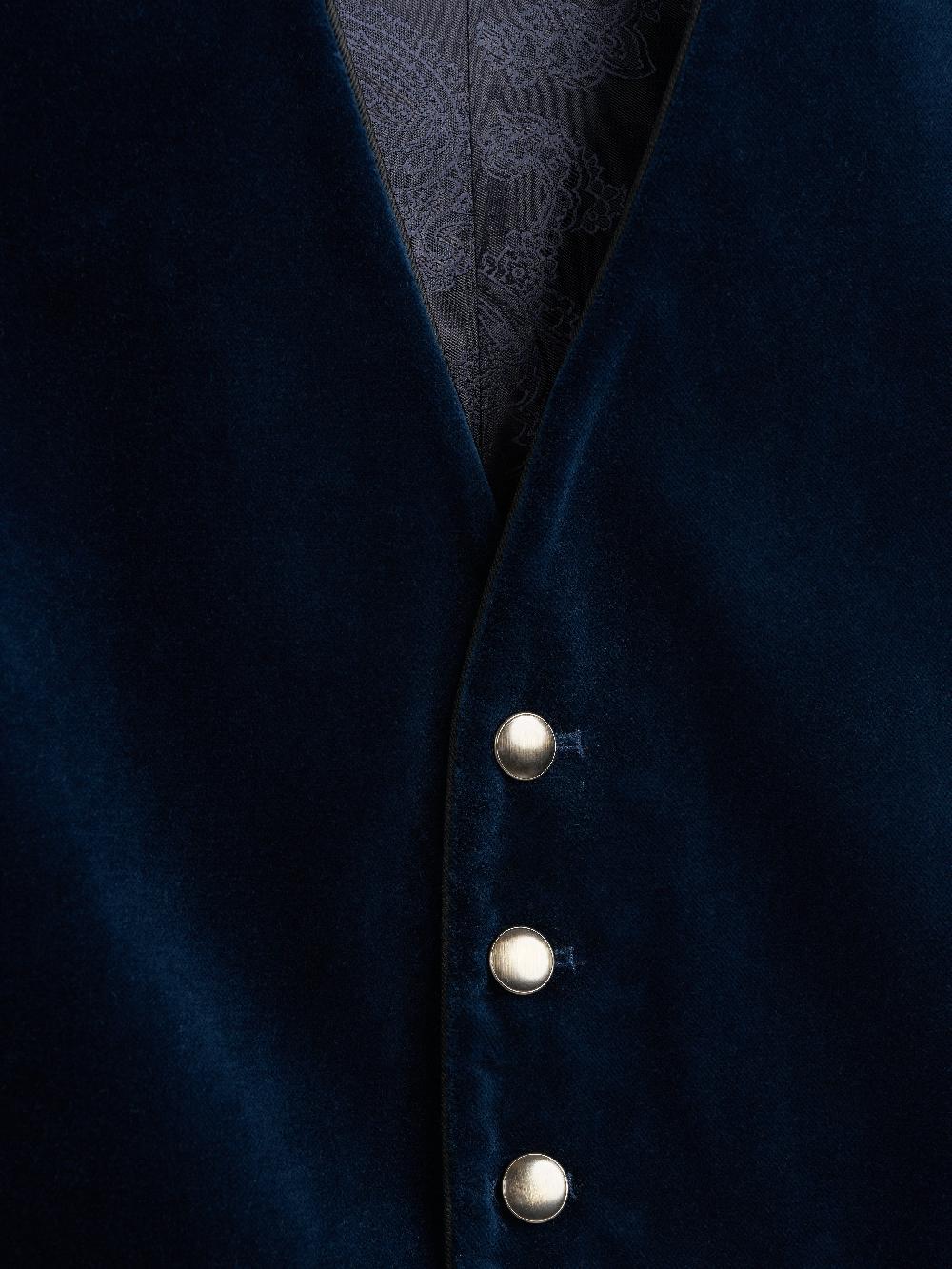 Favourbrook Sapphire Blue Velvet Cotton Single Breasted Waistcoat With Piping