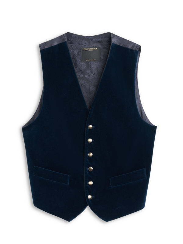 favourbrook Sapphire Blue Velvet Cotton Single Breasted Waistcoat with Piping