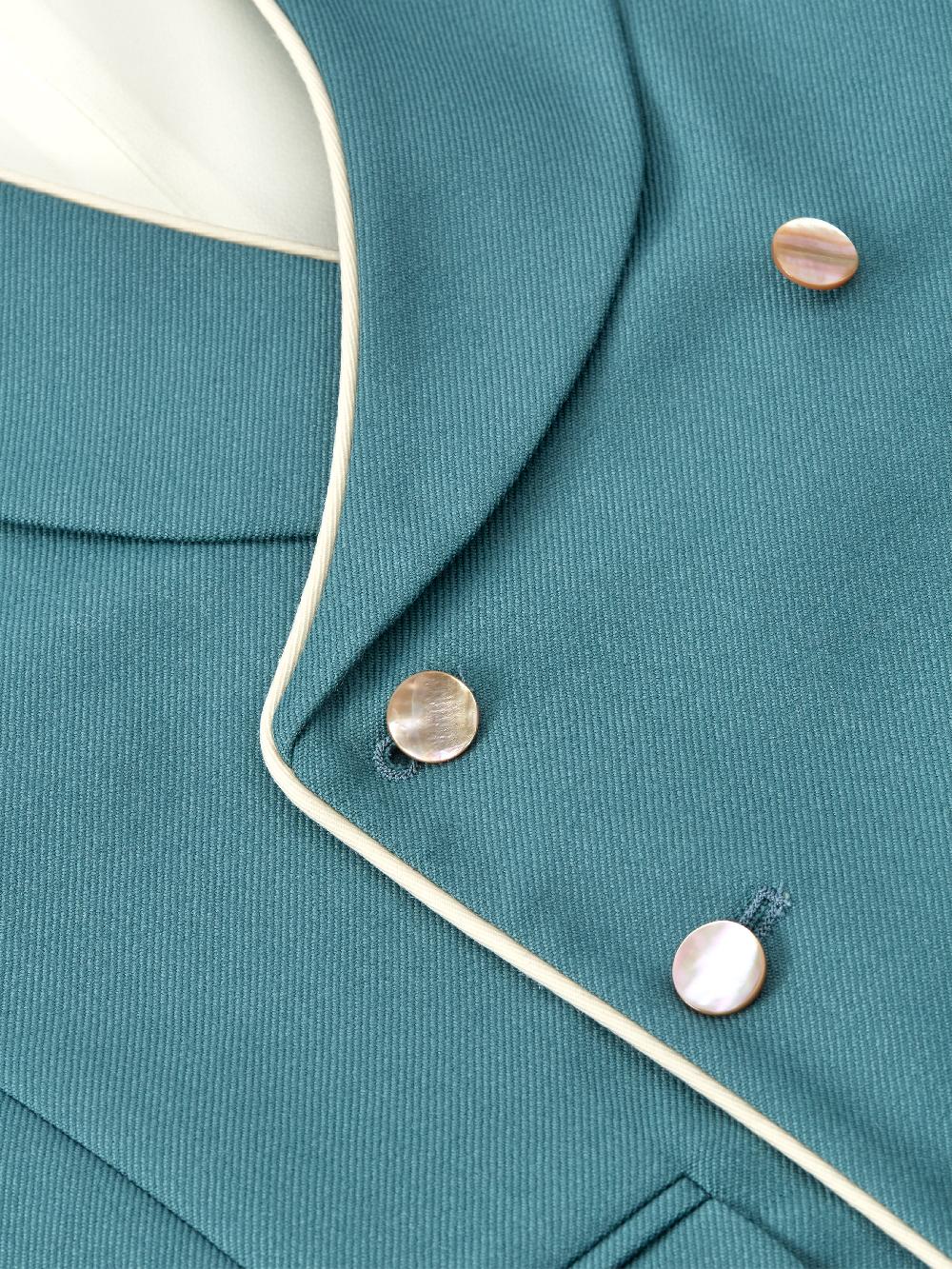 Favourbrook Sea Green Gabardine Wool Double Breasted Waistcoat With Piping